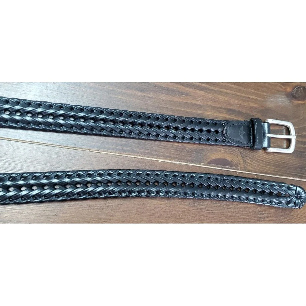Dockers Braided Belt Men's 40 Black Leather Tab & Cord Woven Silvertone Buckle
